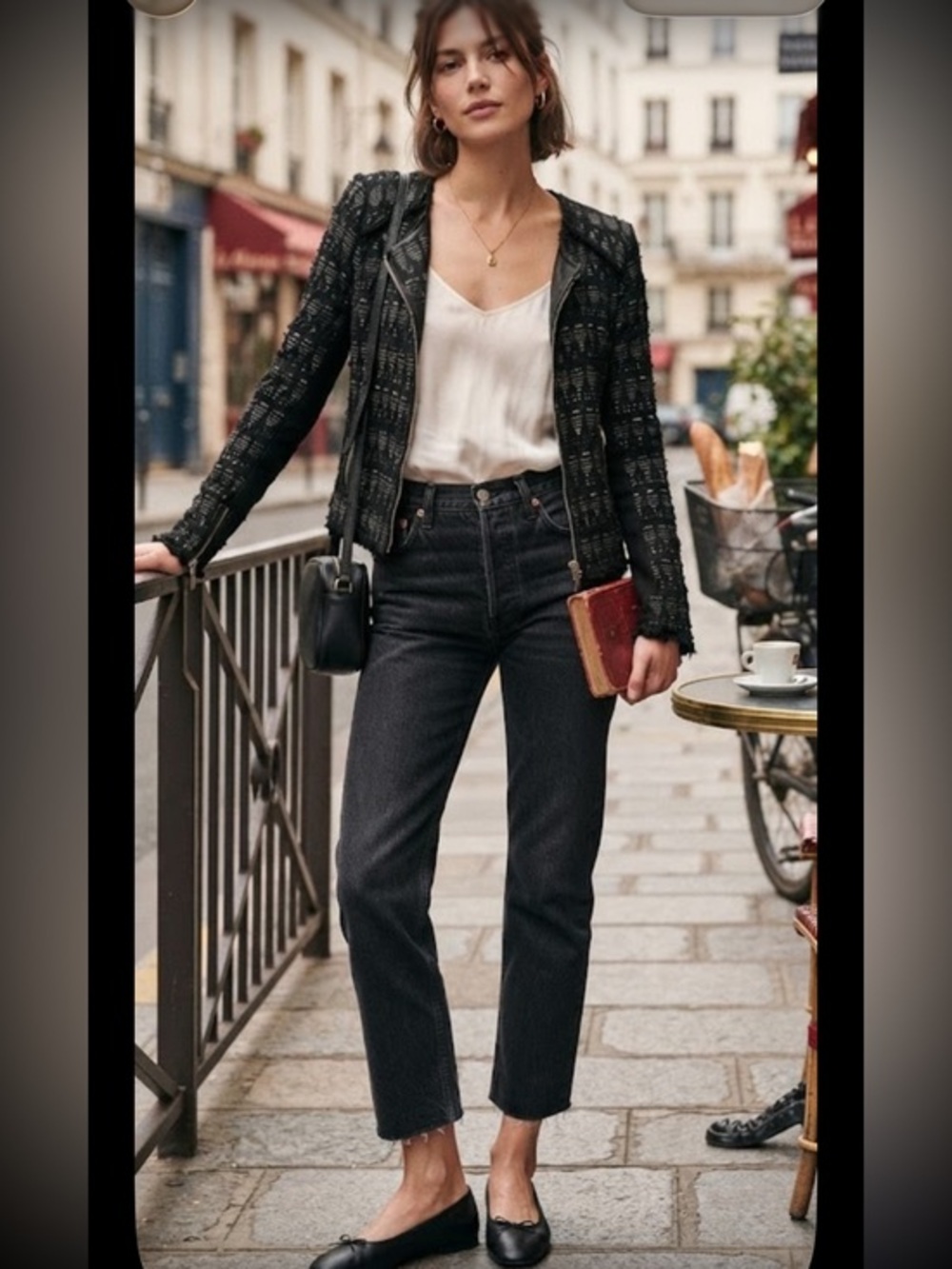 Iro Uma Diamond Print Black Leather Trim Jacket